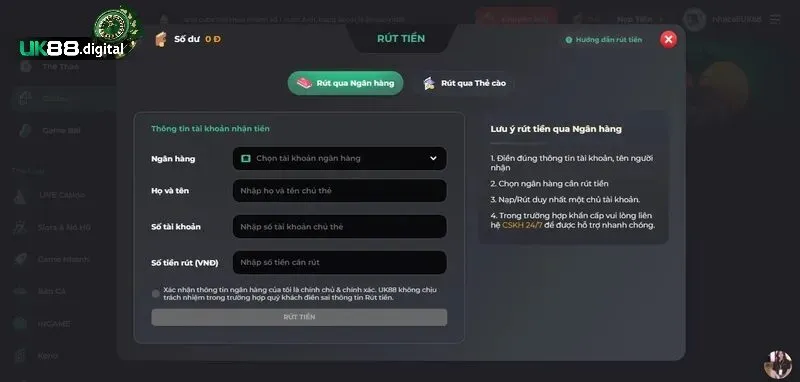 Rút tiền UK88 quy trình đơn giản hiệu quả